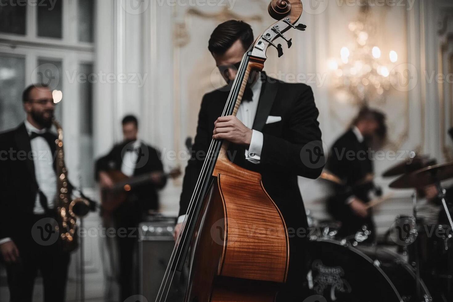 A man in a tuxedo playing a bass photo