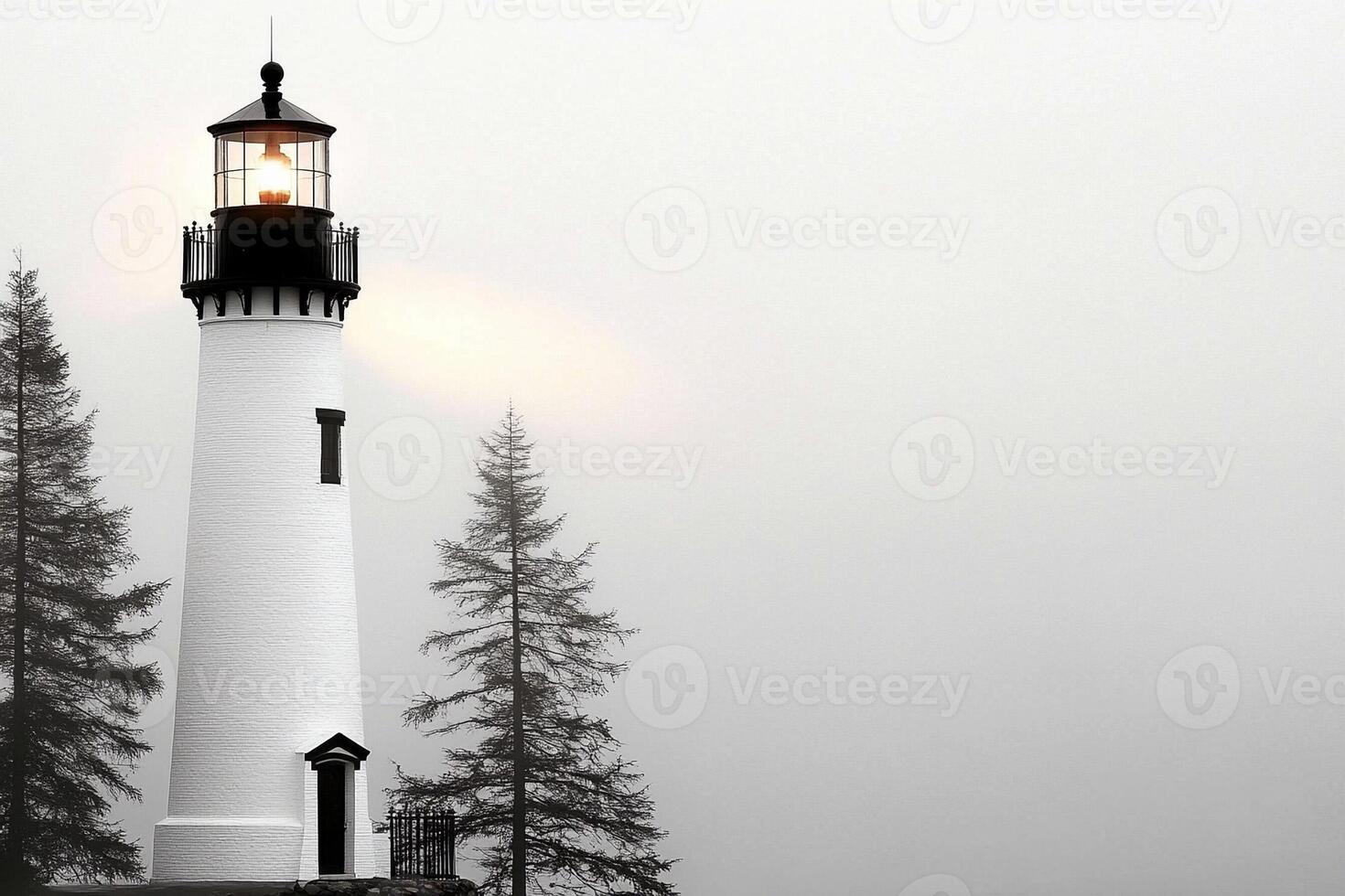 A white lighthouse stands in the fog photo