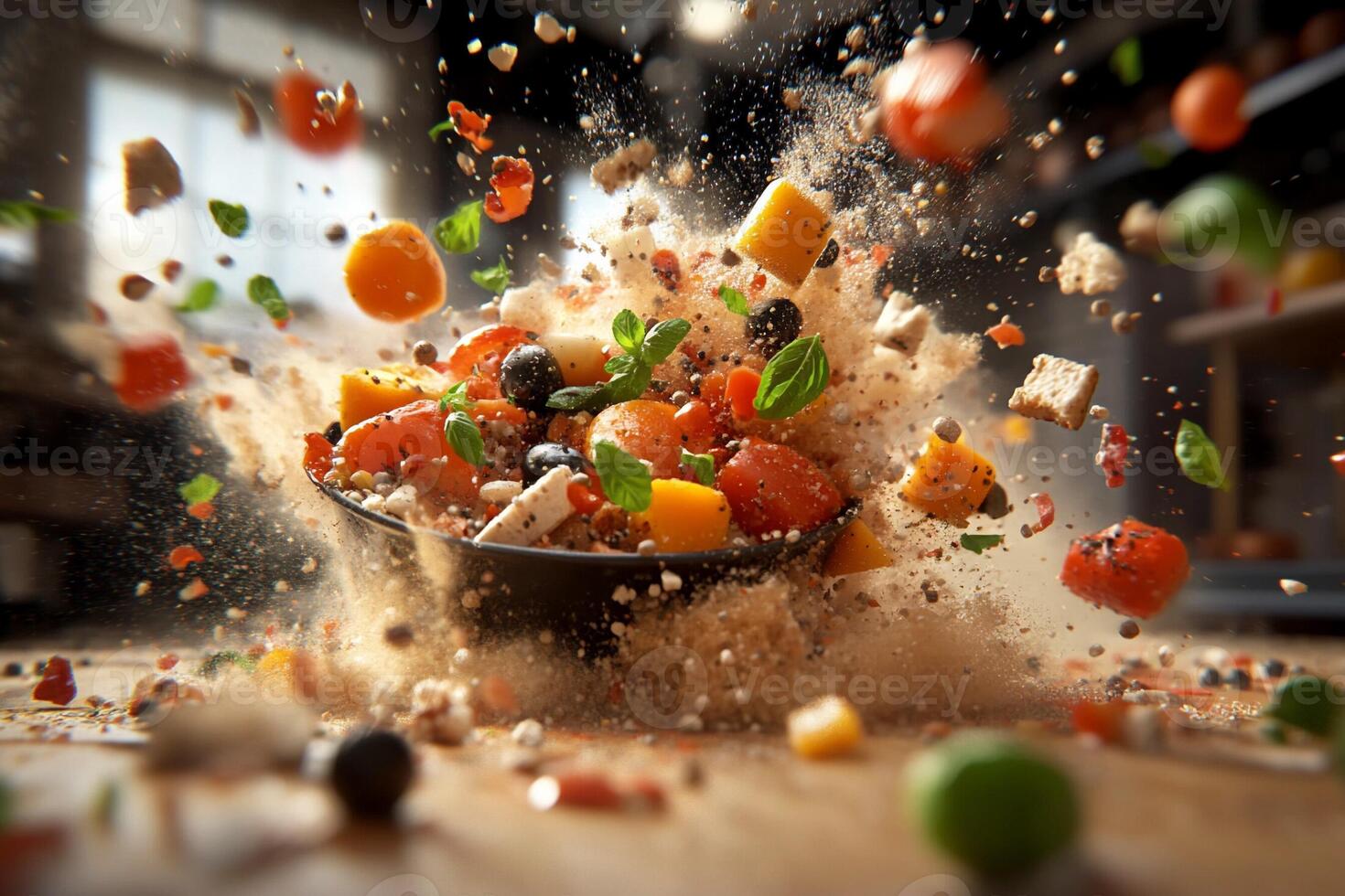 A bowl of food being thrown into the air photo