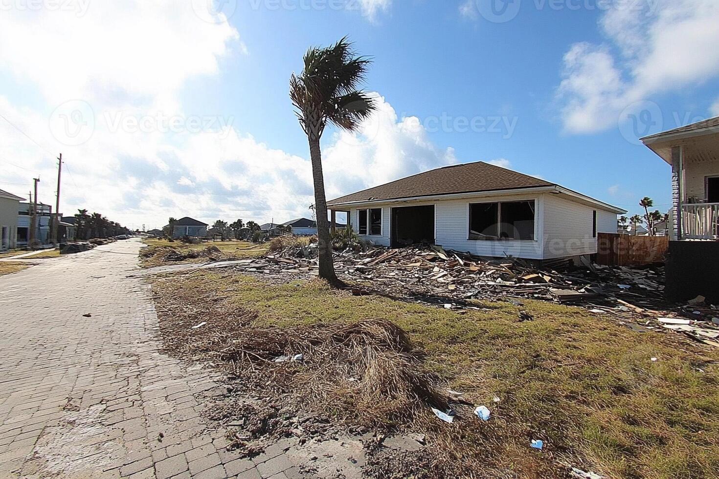 A house is destroyed by the hurricane in the neighborhood photo