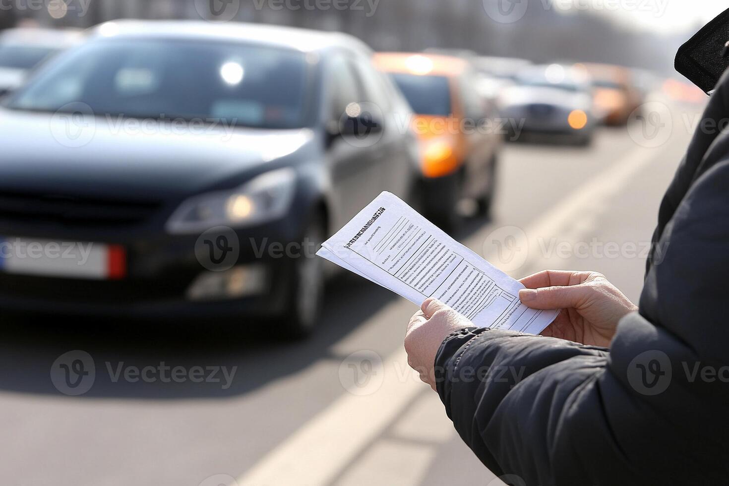 A person holding a piece of paper while driving photo