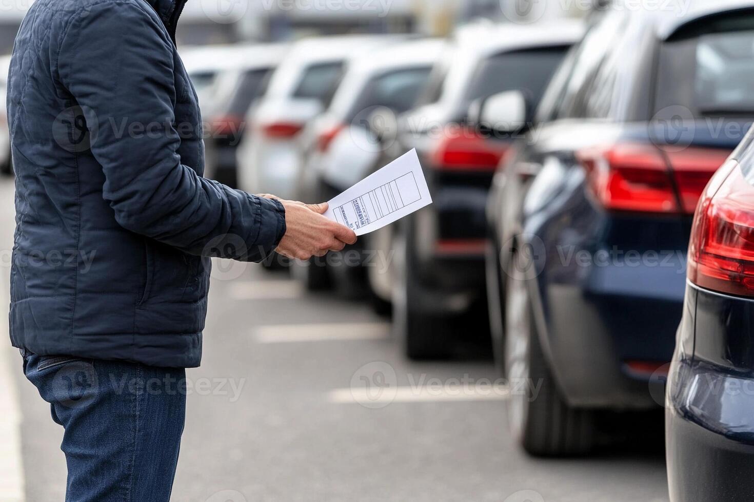 A man is holding a piece of paper while standing in front of parked cars photo