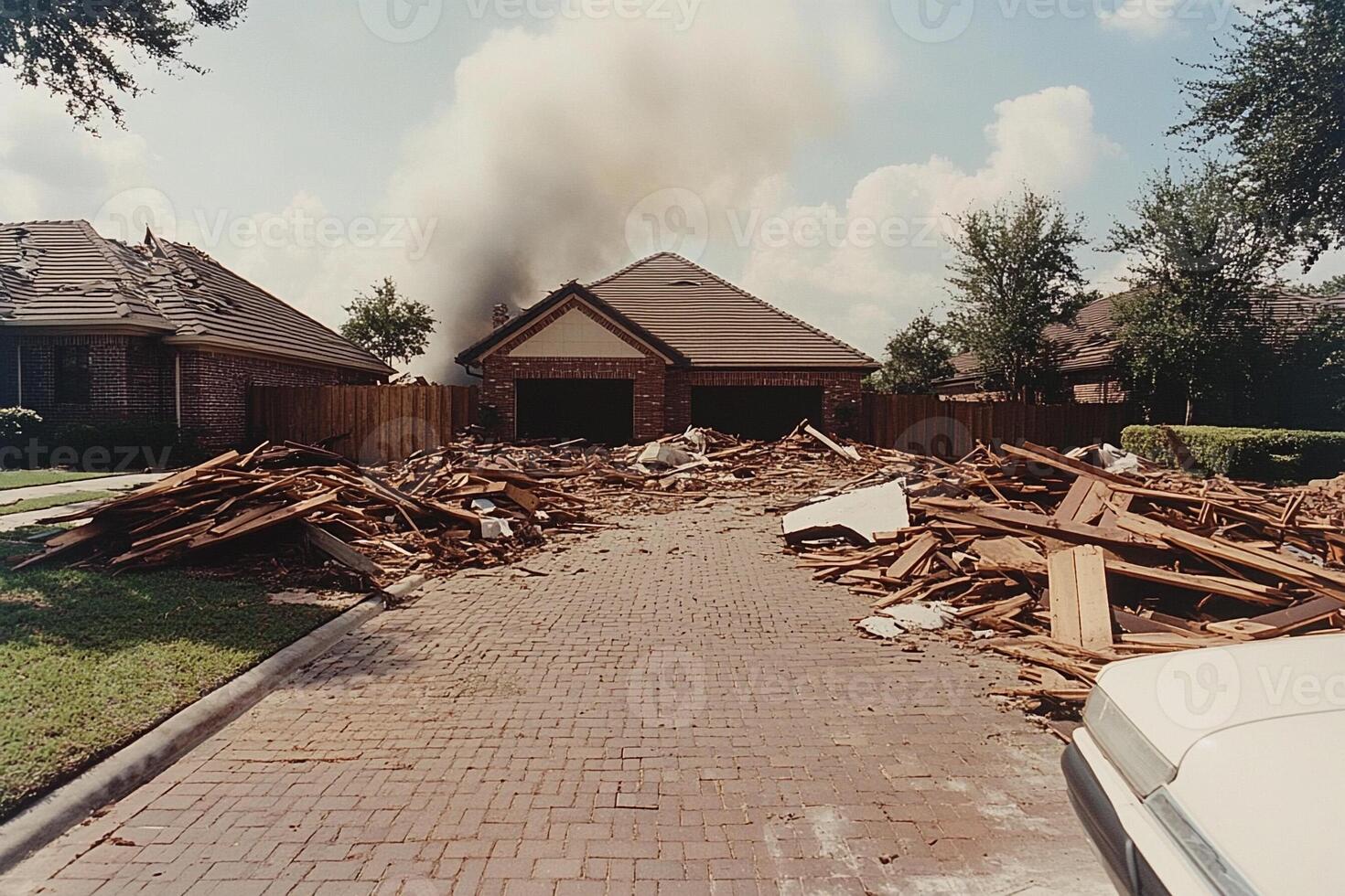 A pile of wood and debris in front of a house photo
