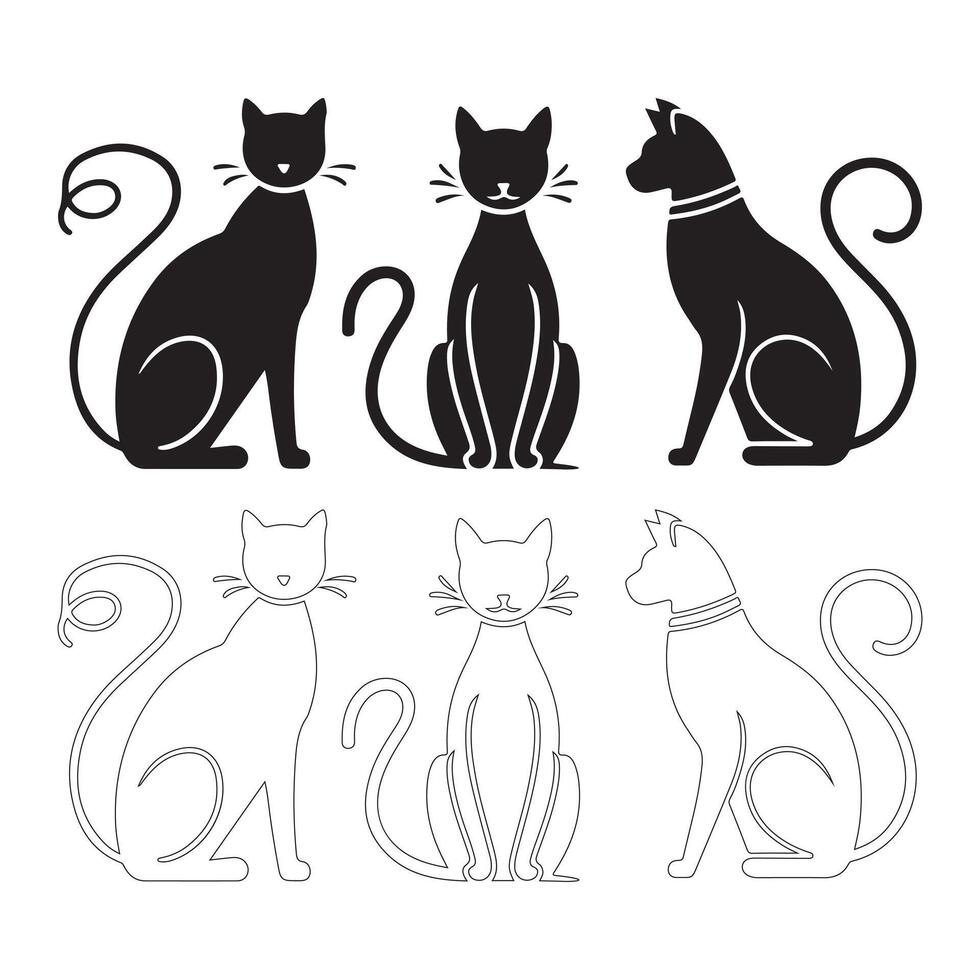 Set of stylized black and white cat silhouettes. vector