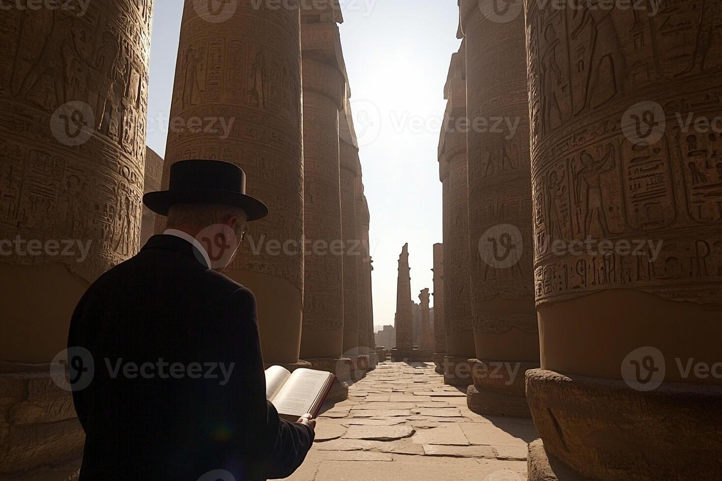 A man in a top hat and suit is reading a book in an egyptian temple photo