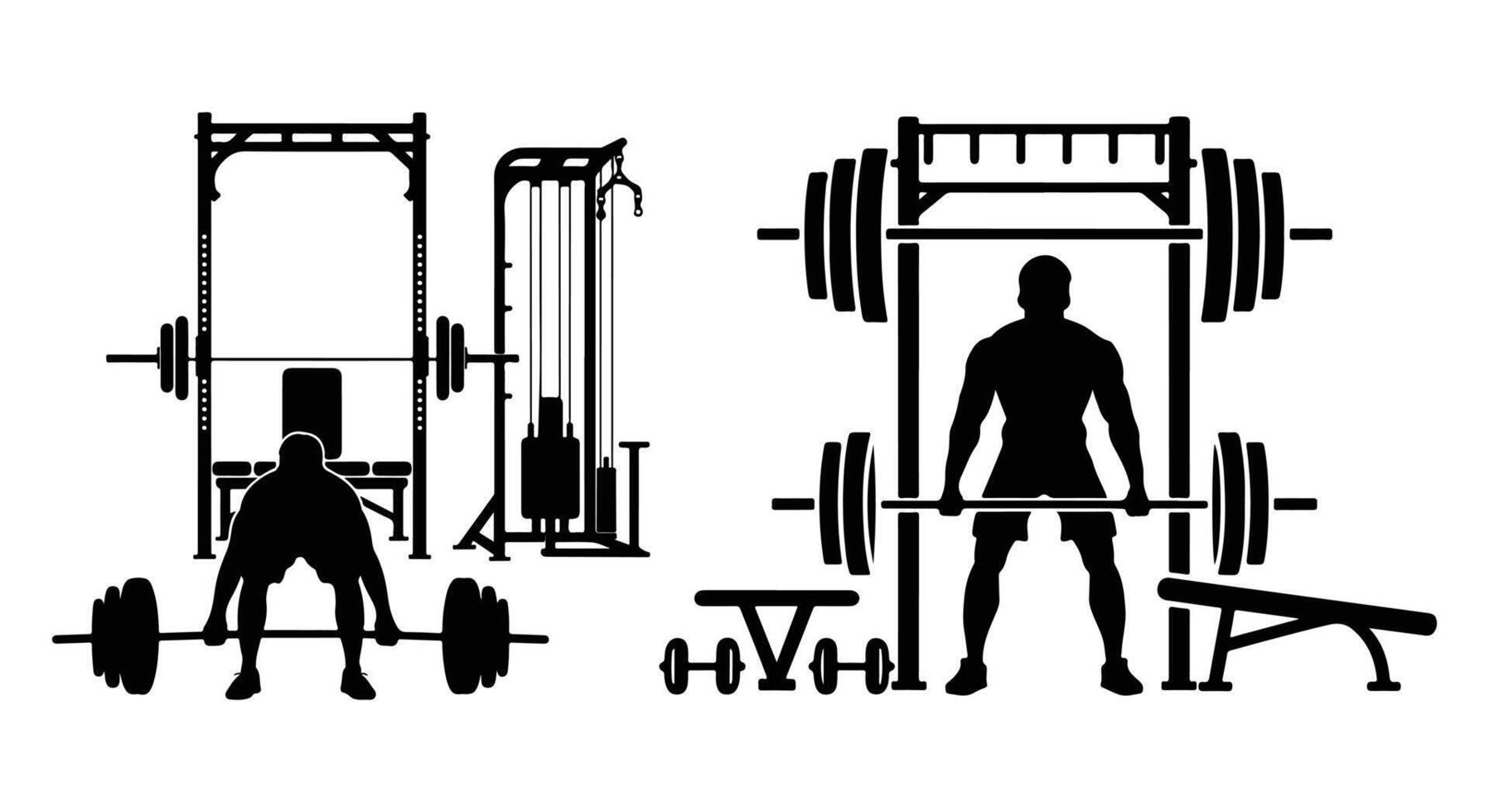 Silhouette of a person weightlifting in a gym. vector