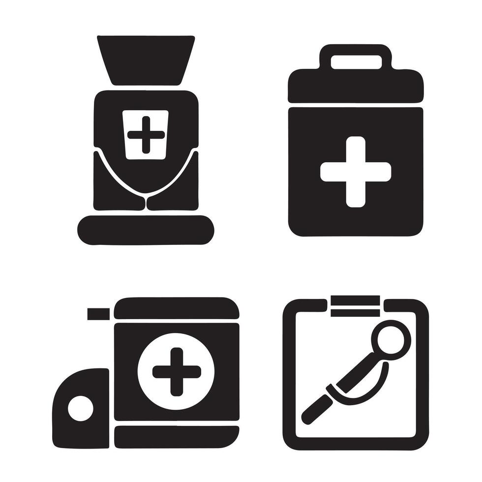 Medical Supplies Icons Set - First Aid Kit, Medicine, and Dental Tools vector