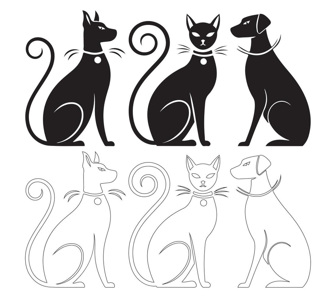 Elegant Black and White Silhouette Cats and Dogs vector