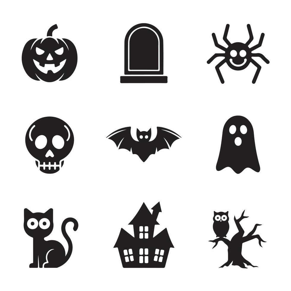 Halloween Icons Set in Simple Black Silhouette Style vector