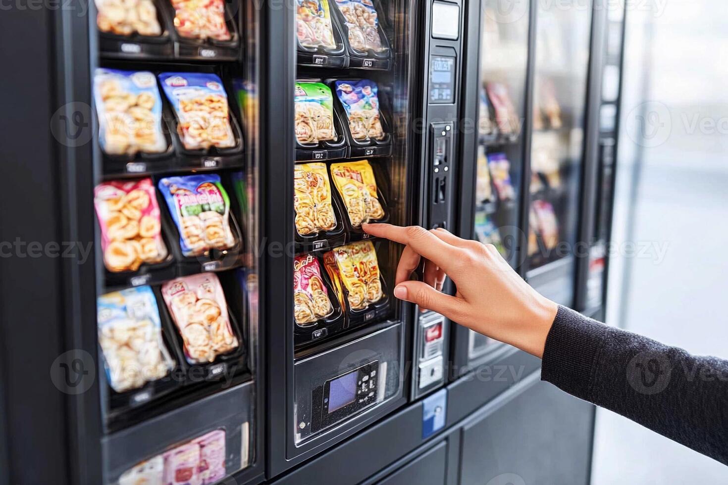 A person is reaching into a vending machine photo