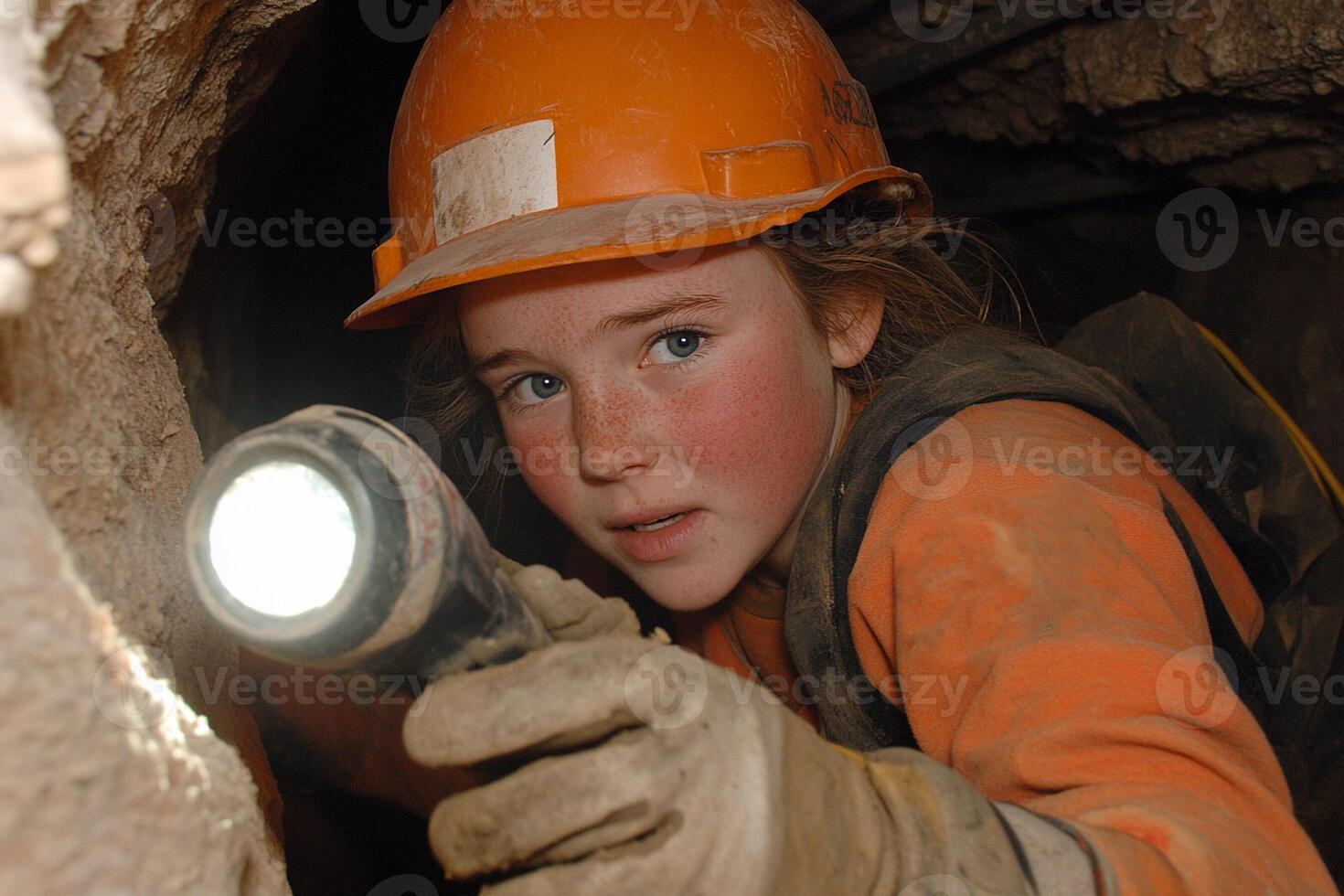 A young girl wearing an orange hard hat photo
