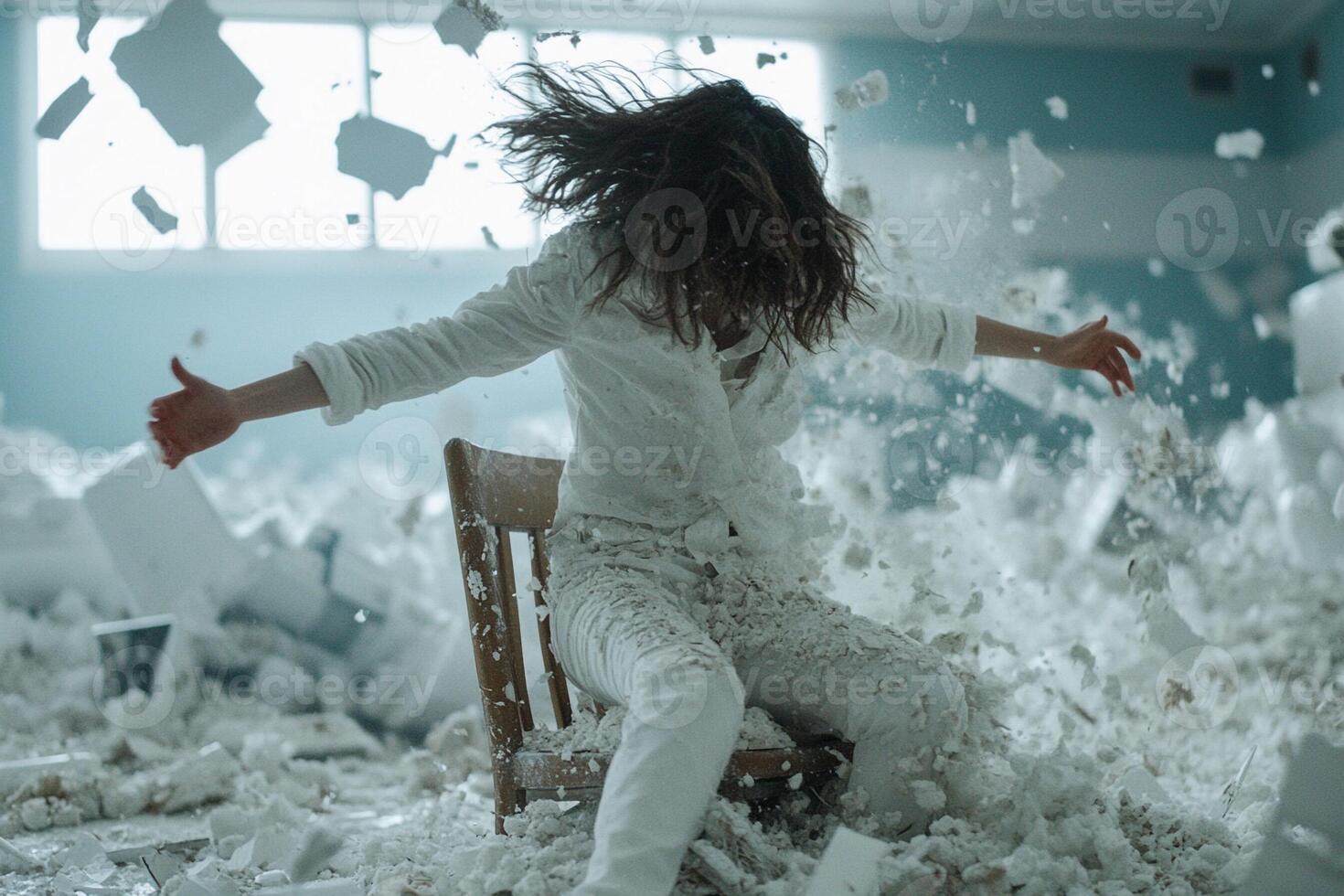A woman sitting on a chair in a room full of rubble photo