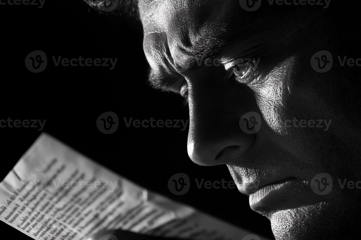 A man reading a newspaper while looking down photo