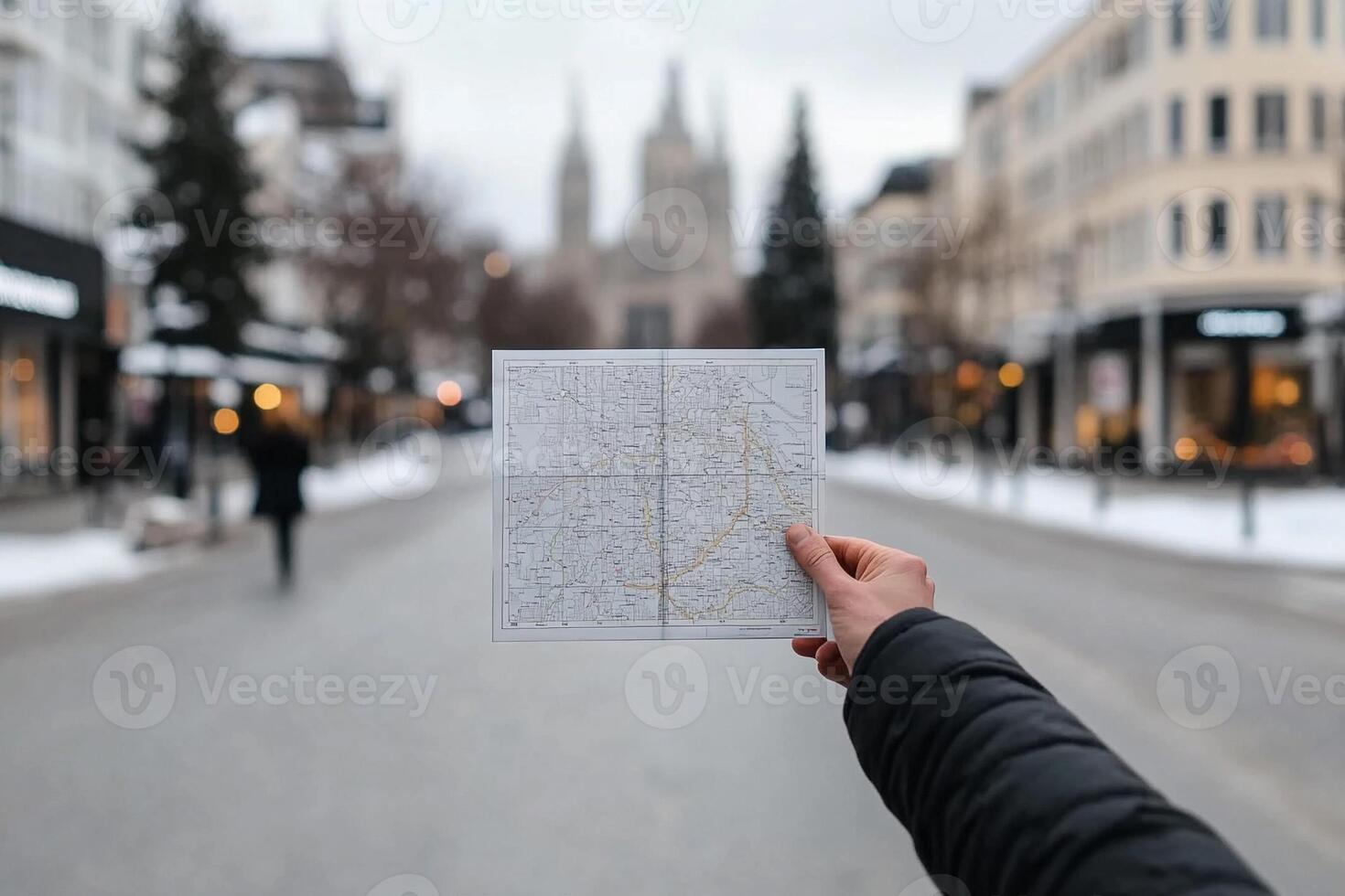 A person holding a map in front of a city street photo