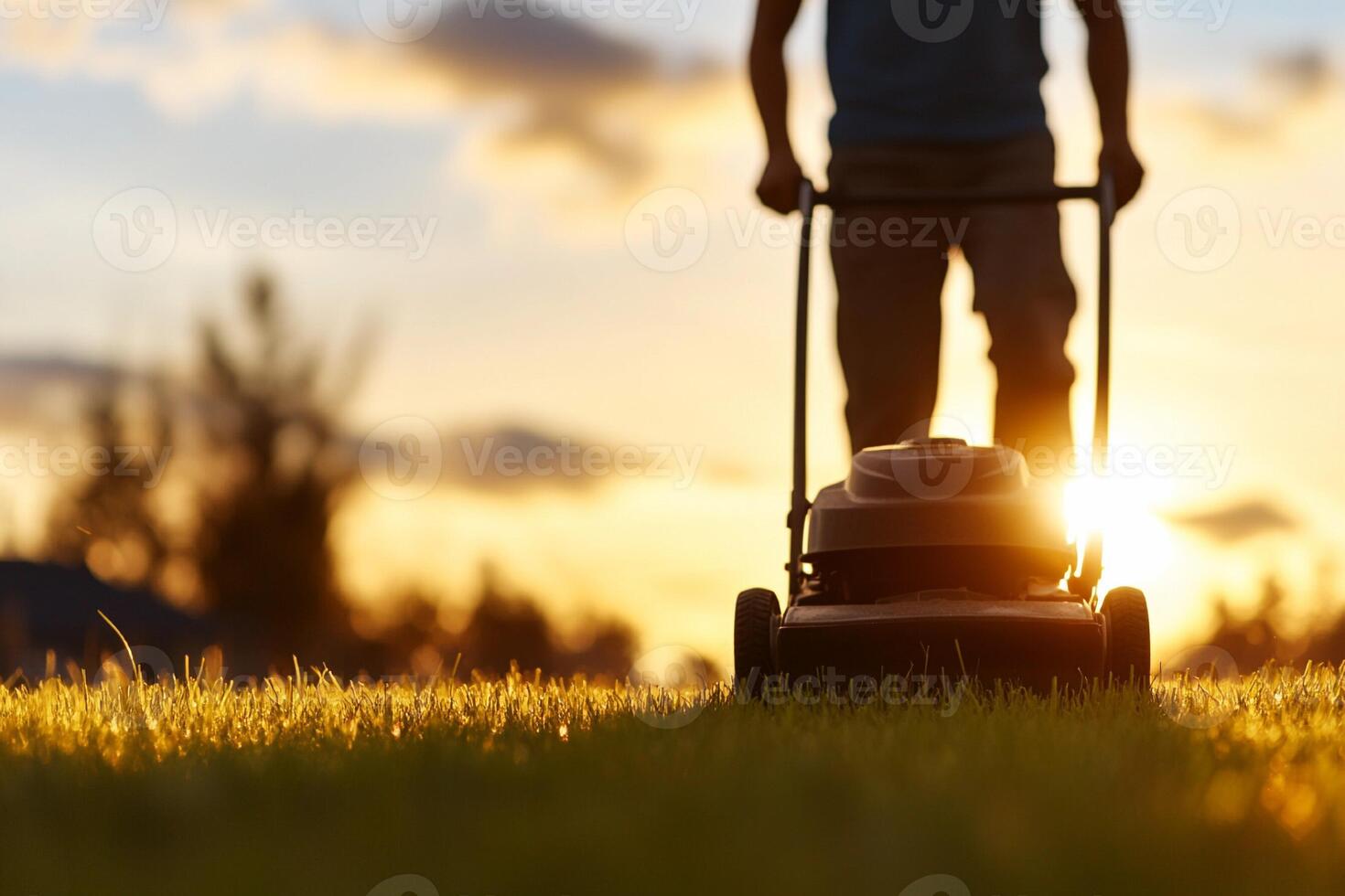 A man mowing the lawn with a lawn mower photo