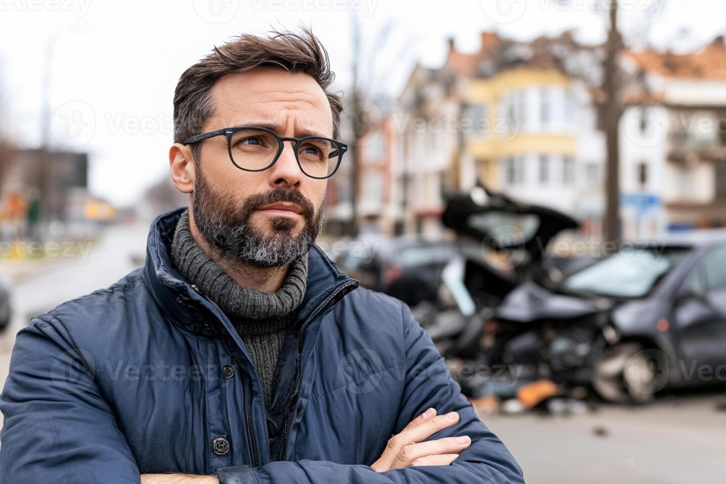 A man with glasses standing in front of a car accident photo