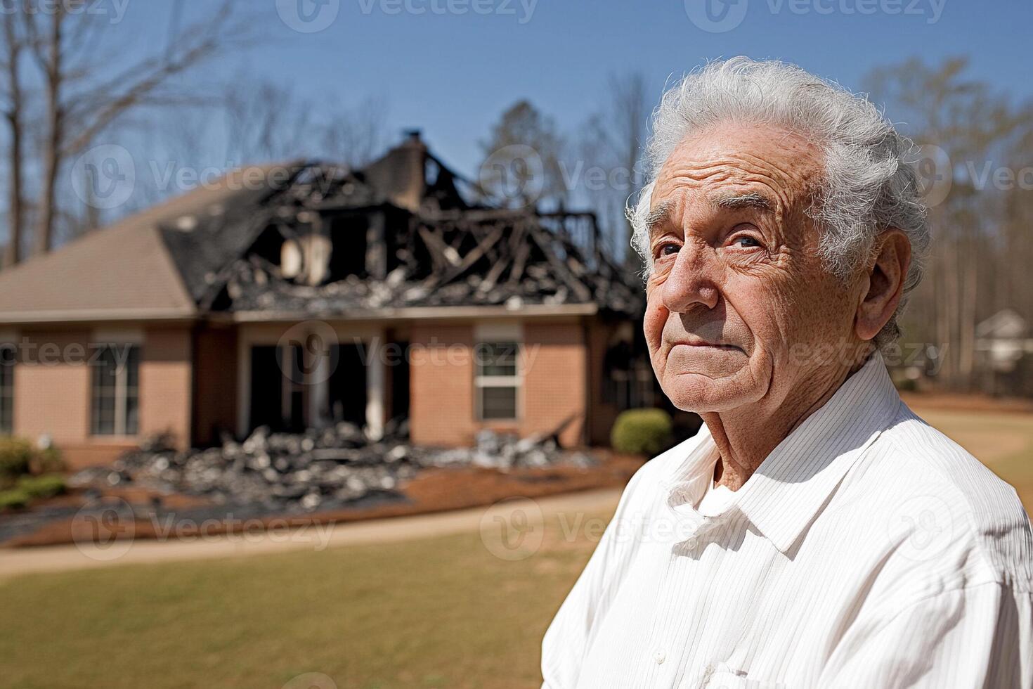 An older man standing in front of a burned house photo