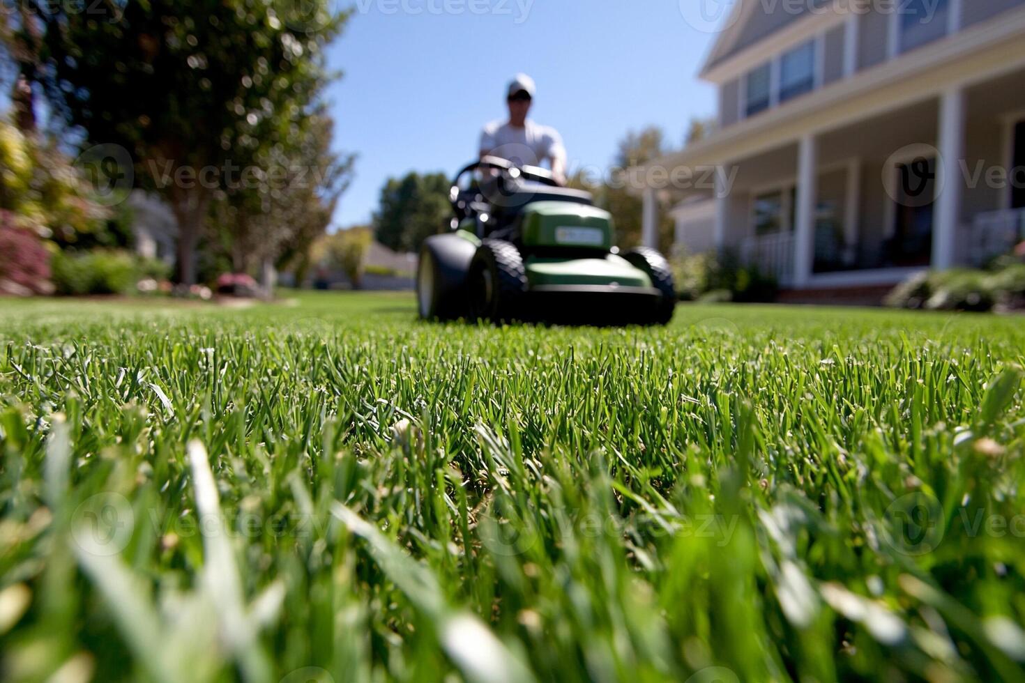 A man is mowing the lawn on a green lawn photo