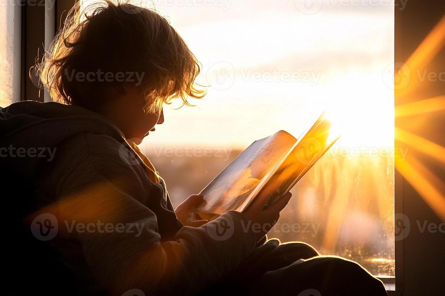 A child reading a book at sunset photo