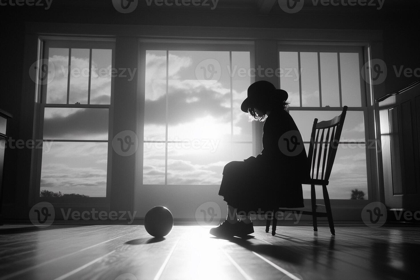 A woman sitting in a chair with a ball in front of her photo