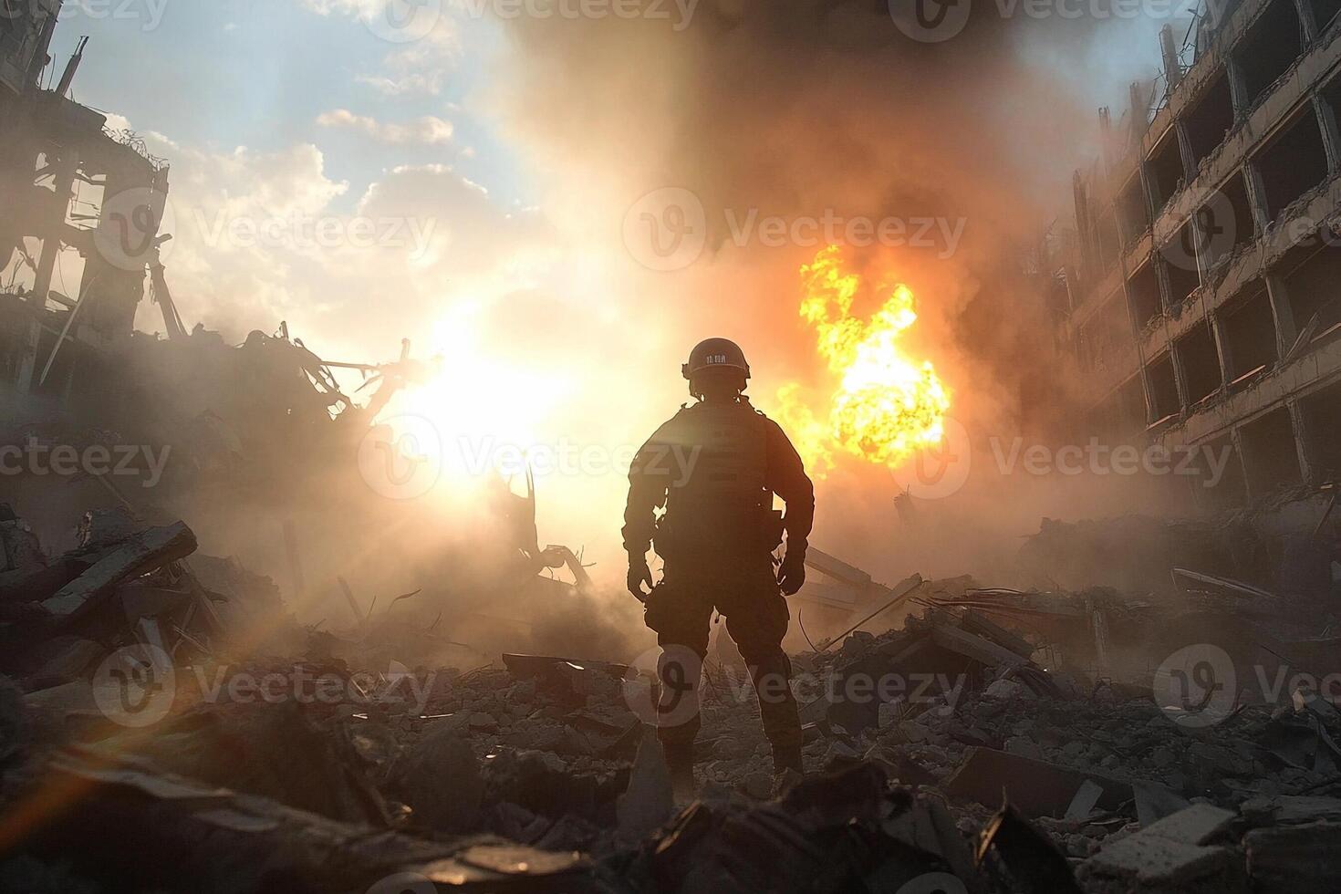A man standing in front of a building with a fire photo