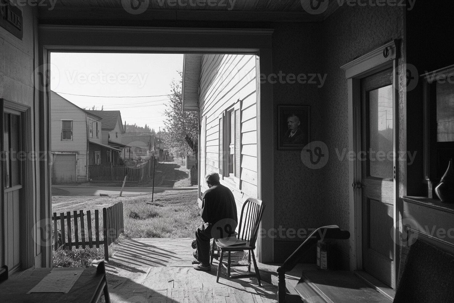 A man sitting on a chair in front of a house photo