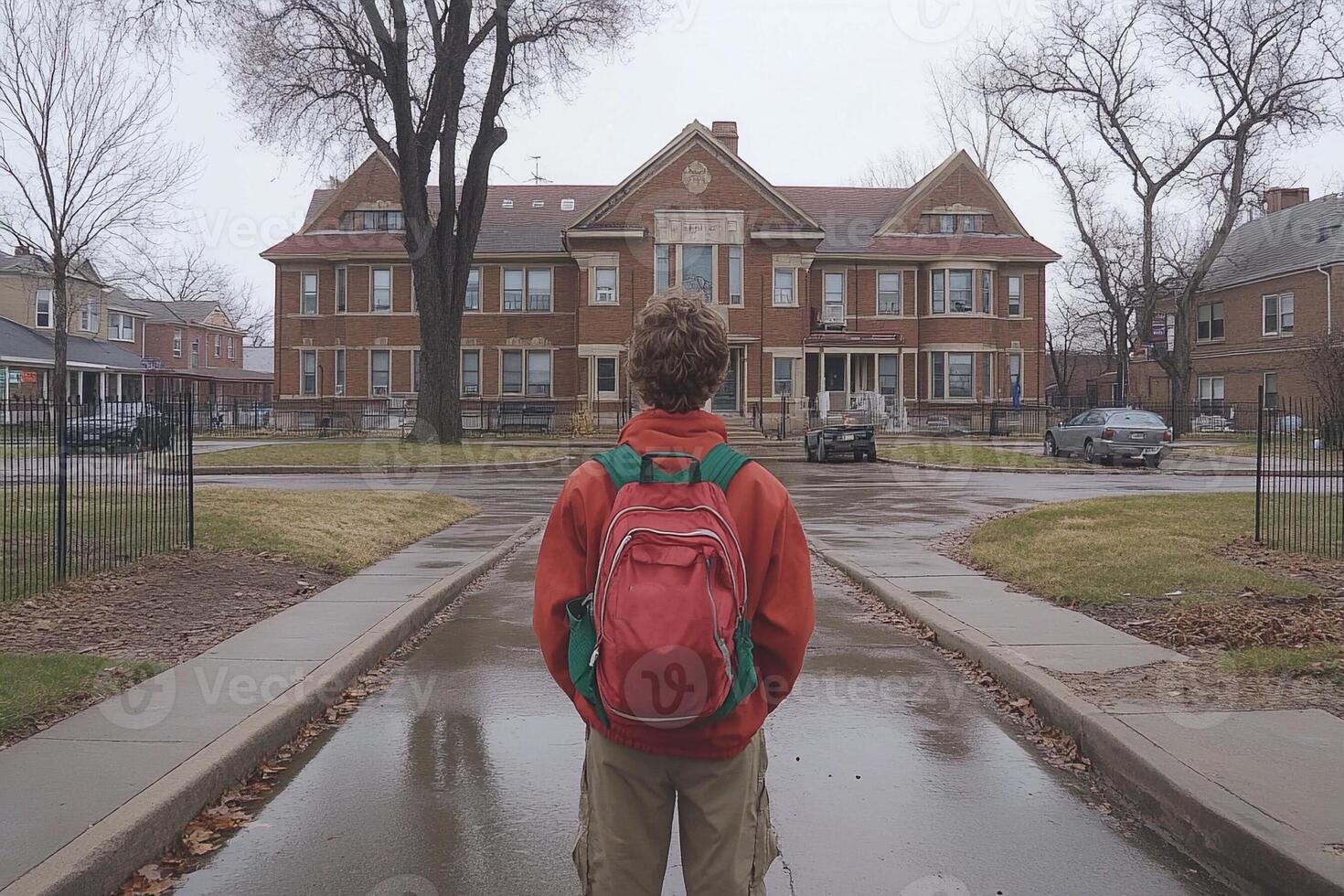 A boy with a backpack standing in front of a house photo