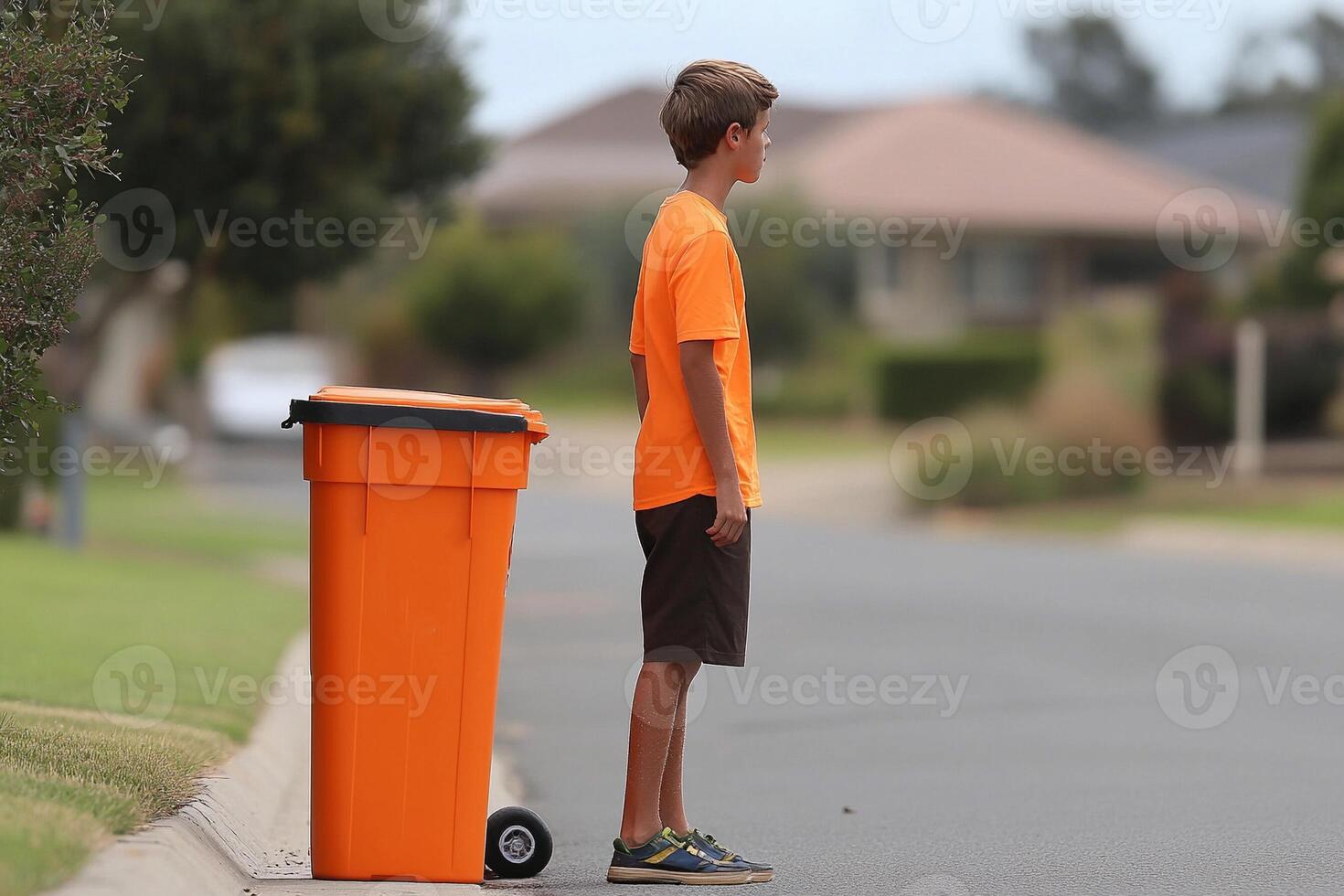 A boy standing next to a trash can photo