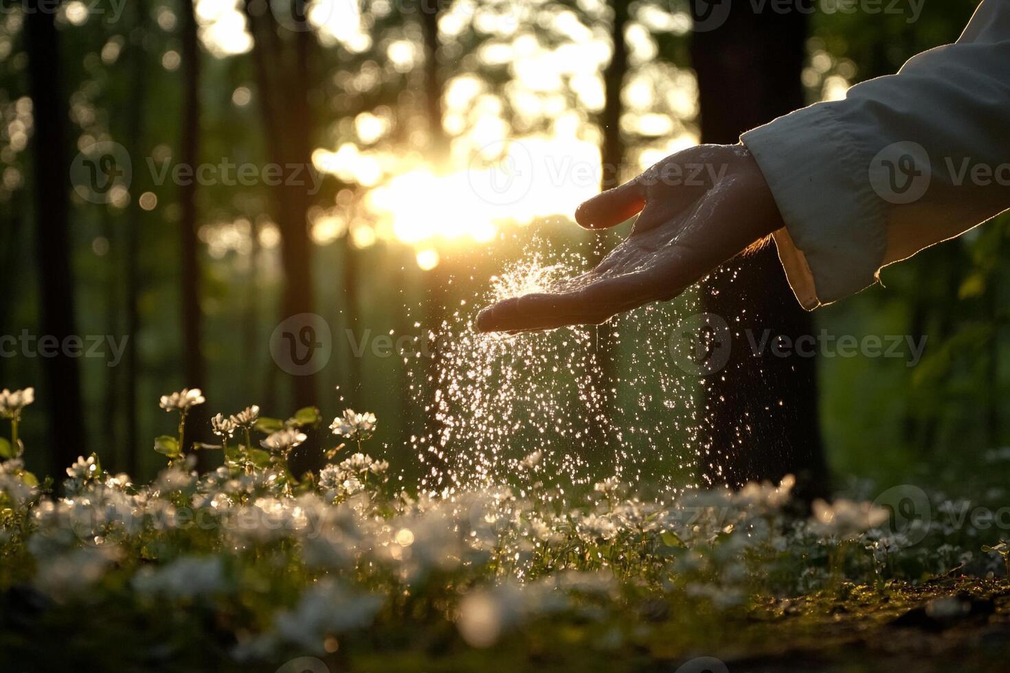 A person sprinkling water on a field of flowers photo