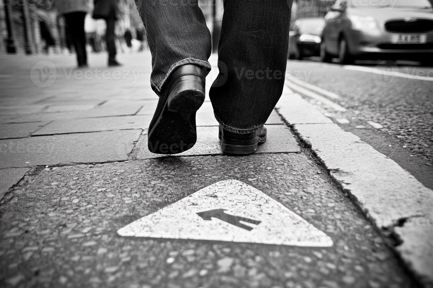 A man walking on a sidewalk with a white arrow photo