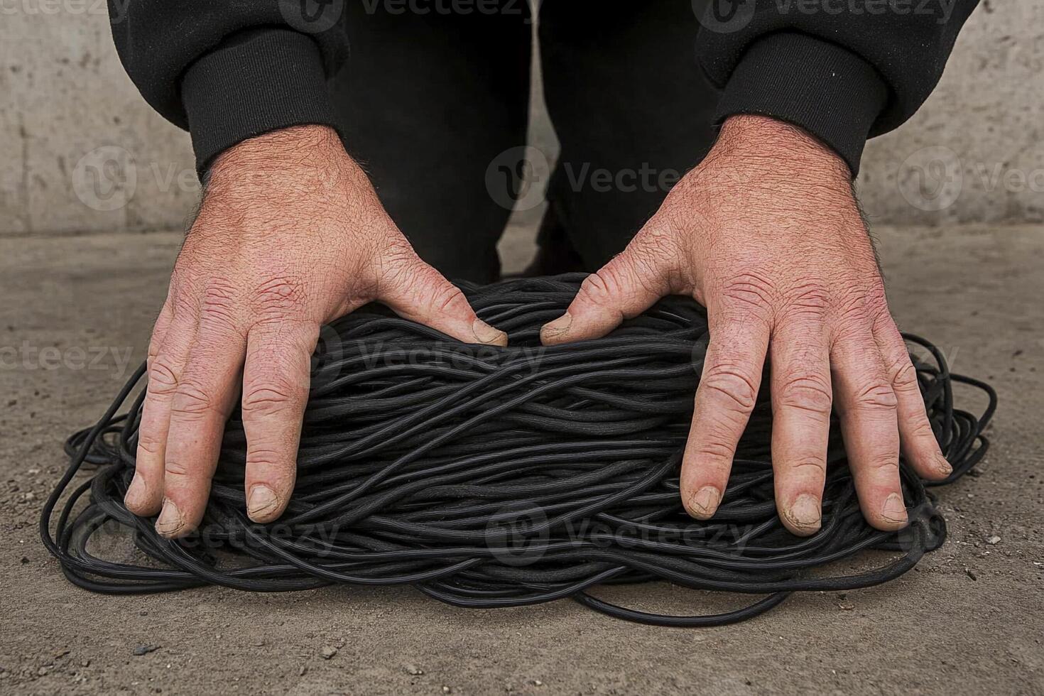 A man holding a pile of black cords photo