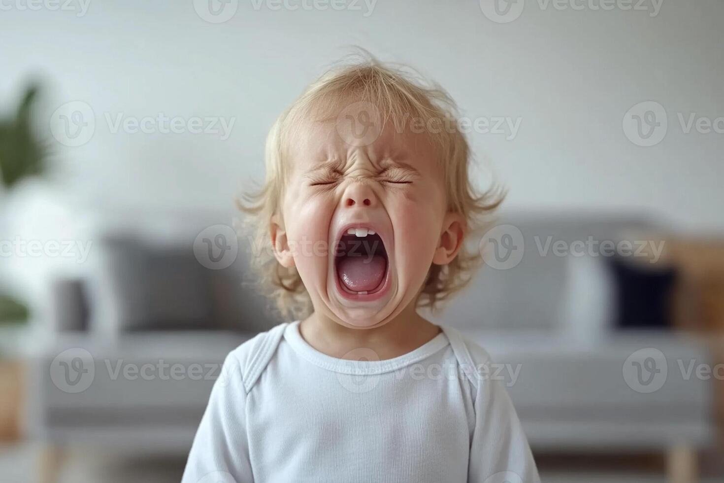 A toddler is screaming in a room photo