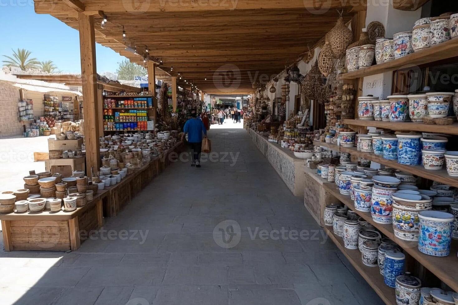 A man walking through a market with lots of pots and jars photo