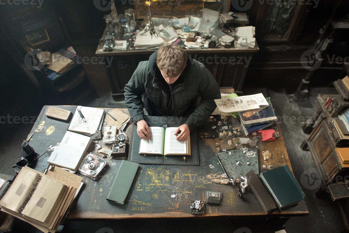A man sitting at a table with a book and a bunch of papers photo