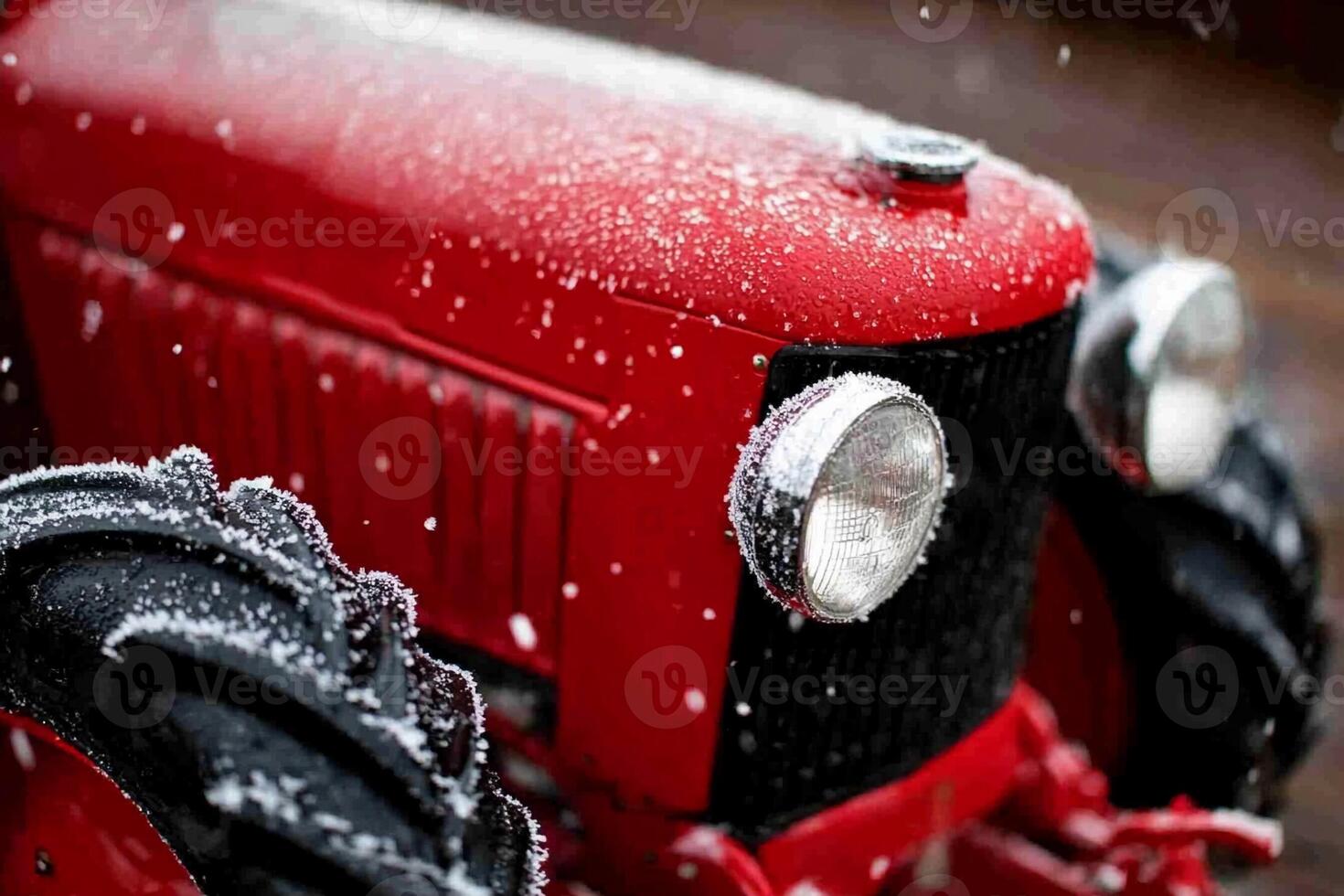A close up of a red tractor with snow on it photo