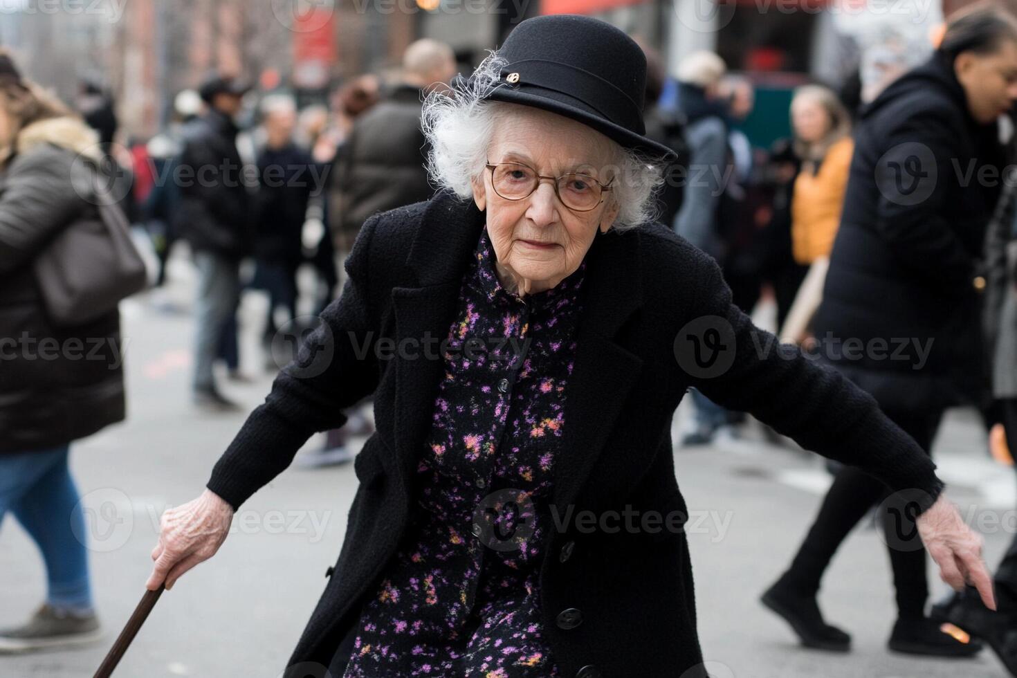 An elderly woman wearing a hat and coat walking down the street photo