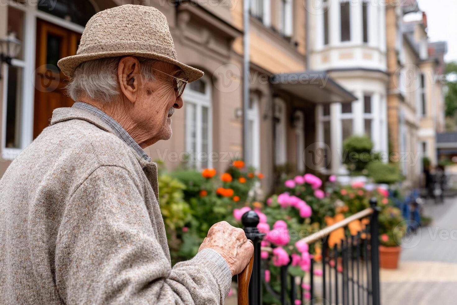 An elderly man is standing on a sidewalk with flowers in front of him photo