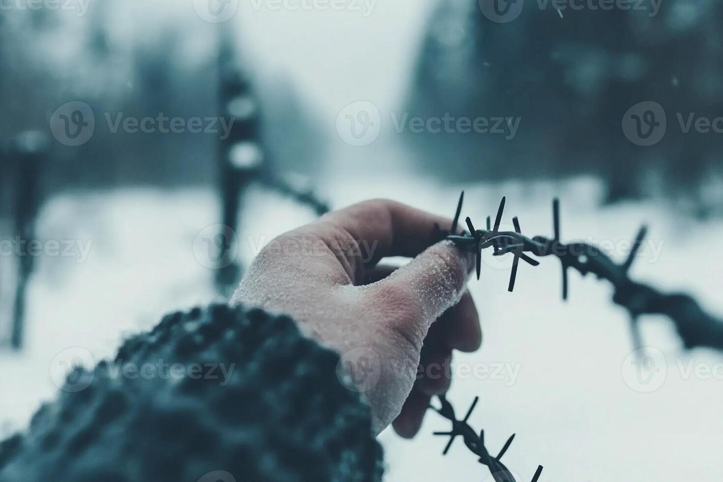 A person holding onto a barbed wire fence in the snow photo