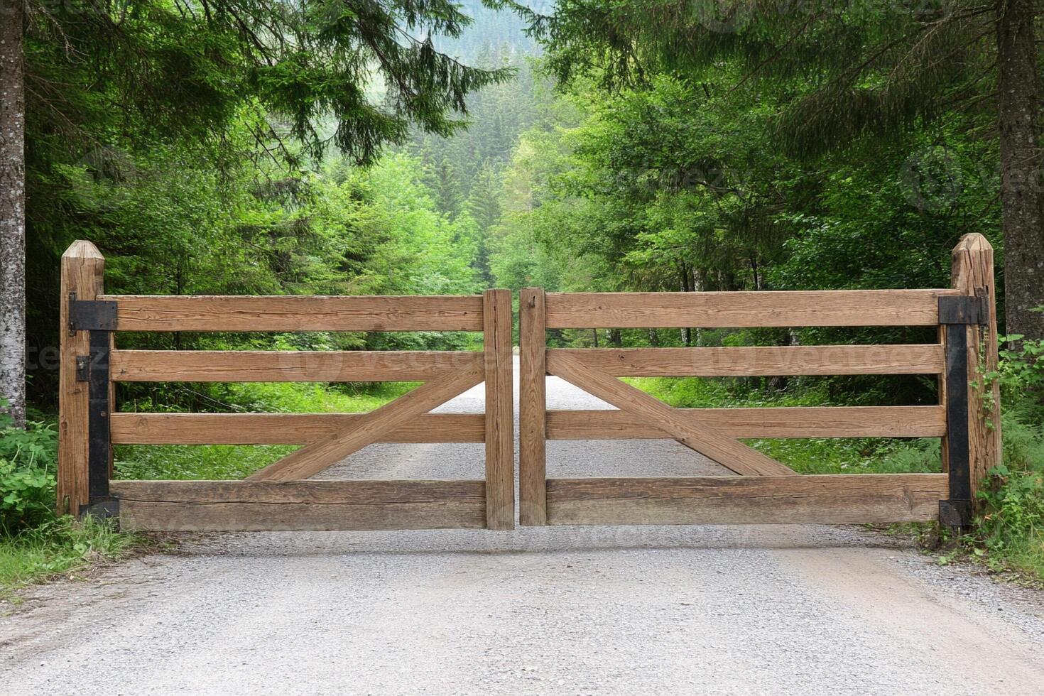 A wooden gate is open on a dirt road photo