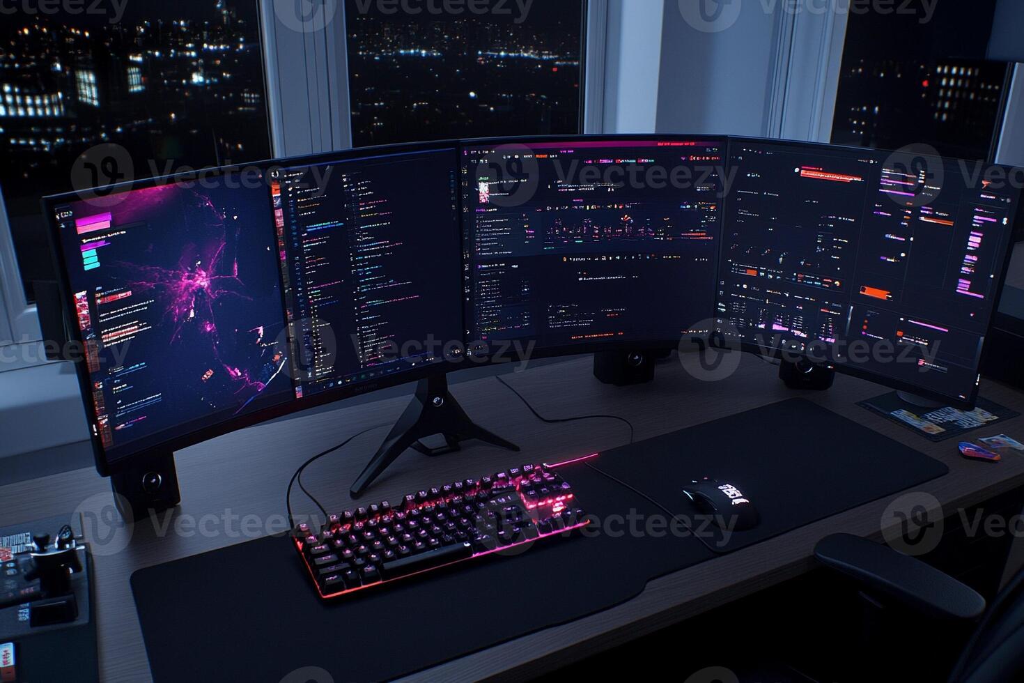 A computer desk with three monitors and a keyboard photo