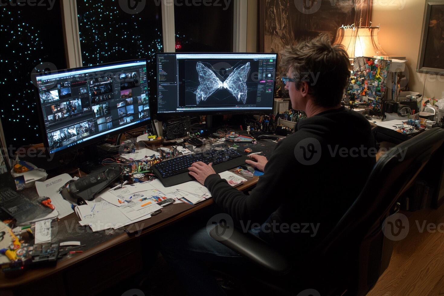 A man sitting at a desk with two computer screens photo