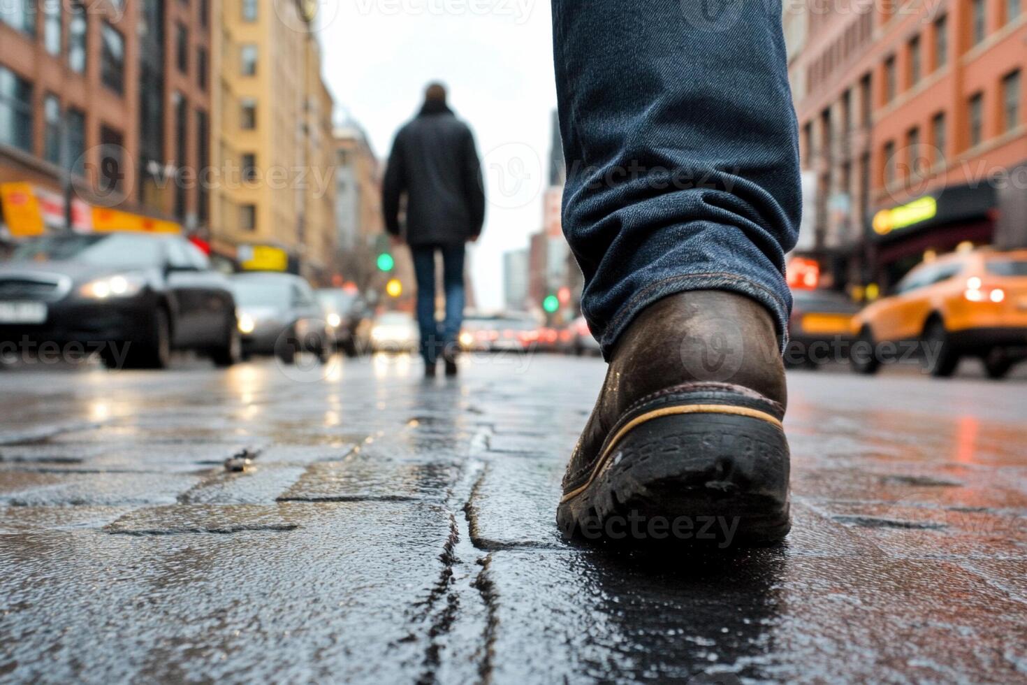 A person walking down a wet street with their shoes on photo