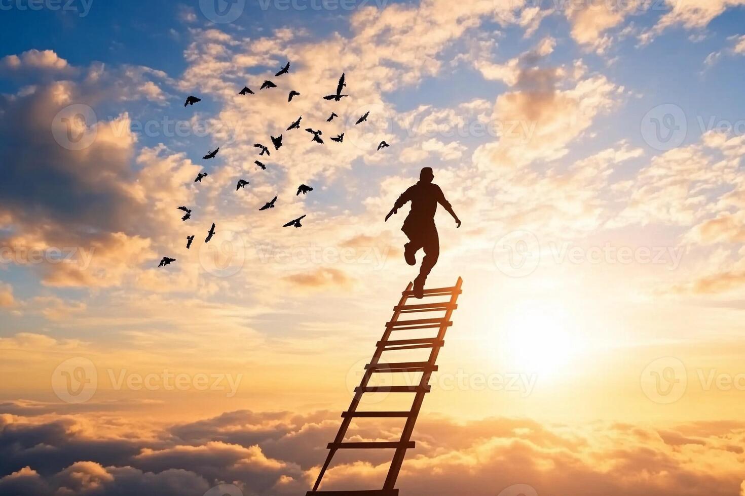 A man is climbing up a ladder to the sky photo