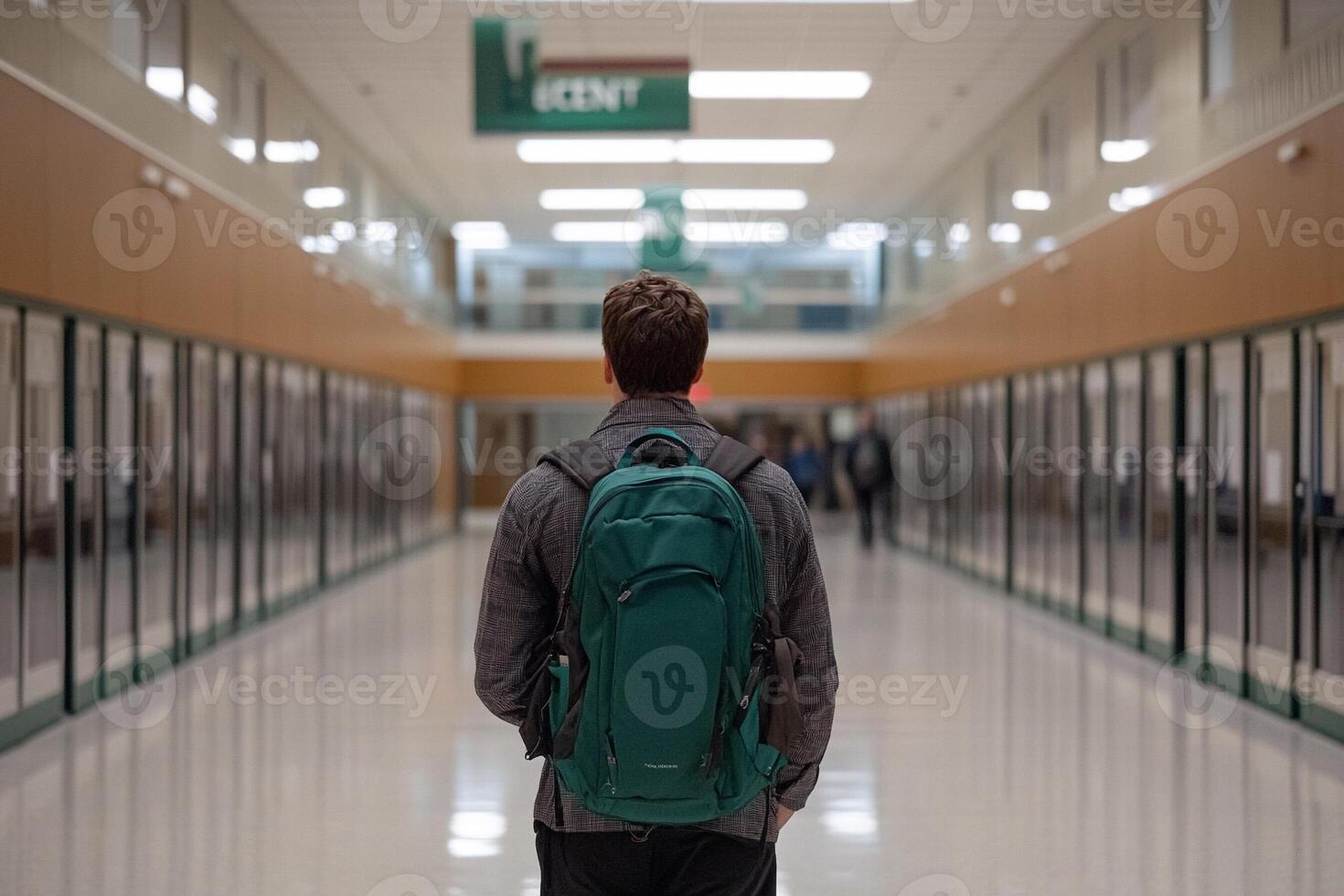A man with a backpack walking through a hallway photo