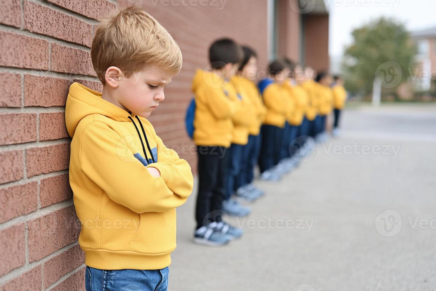 A young boy stands in front of a group of kids photo