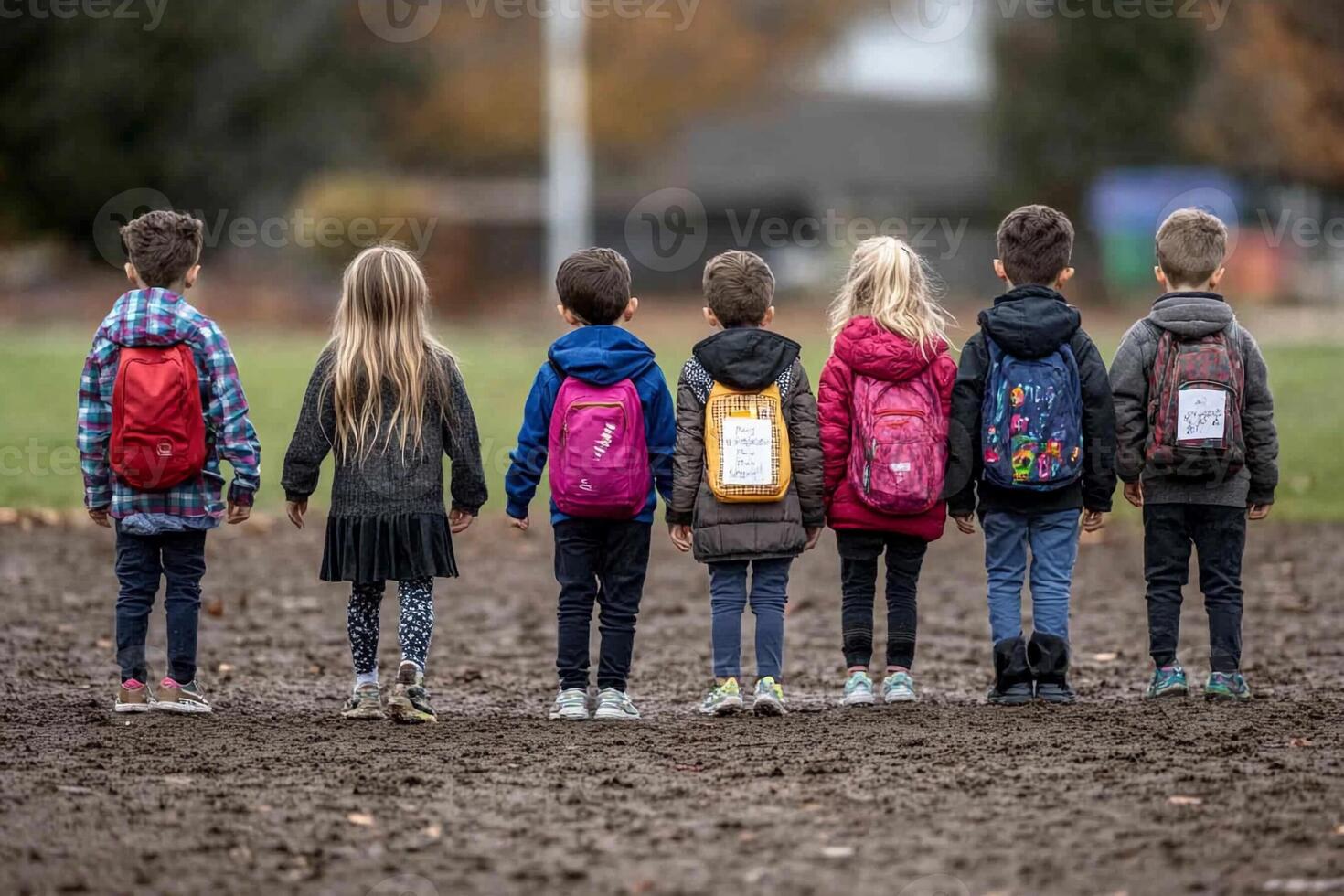 Back of a group of children with backpacks photo