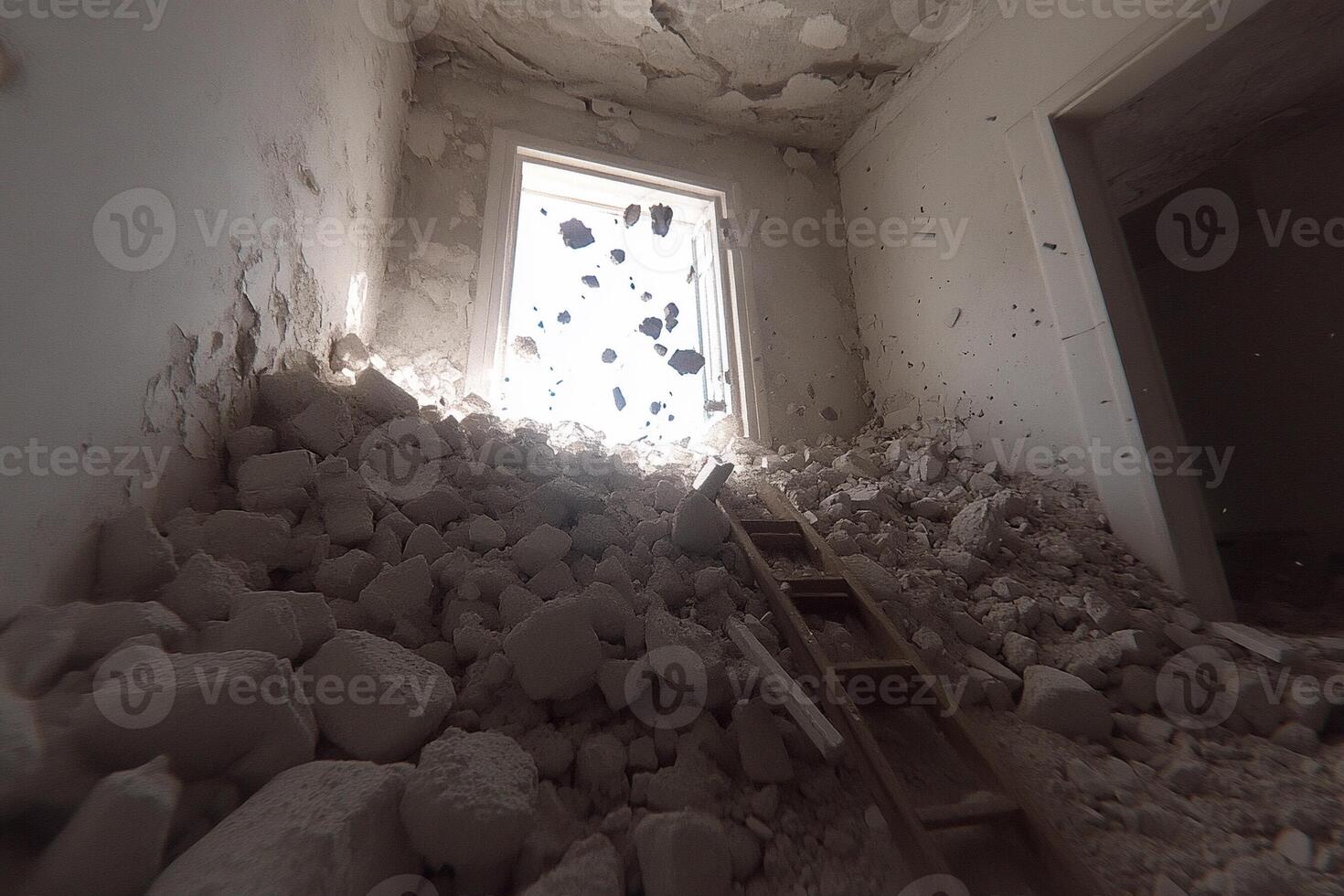 A room with rubble and a ladder in it photo