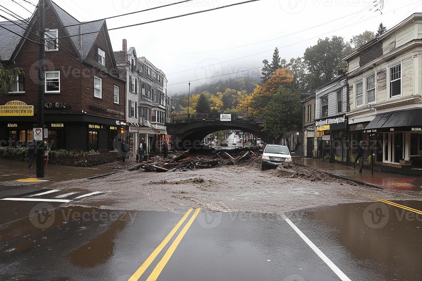 A flooded street with a bridge over it photo