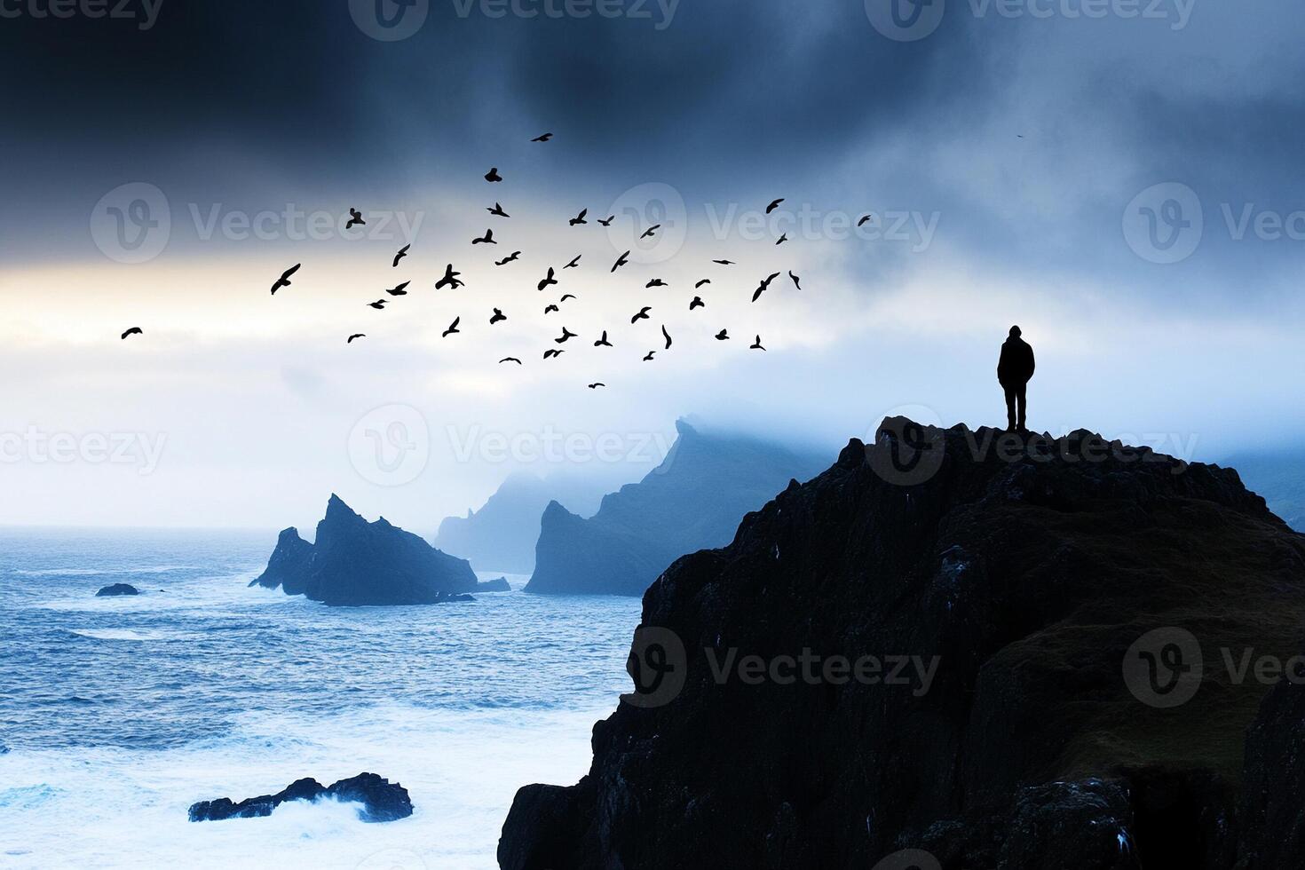 A person standing on a cliff overlooking the ocean photo