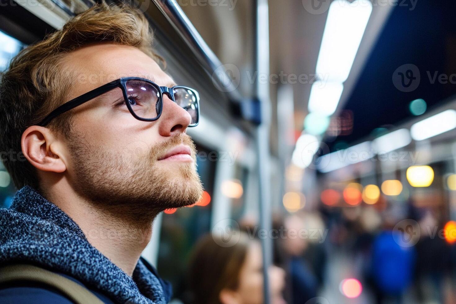 A man wearing glasses and looking out the window of a train photo